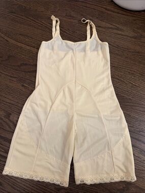High-Back Cream Full-Length Shapewear Bodysuit with Lace Hem